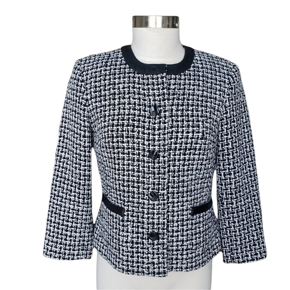 Pendleton Silk Tweed Blazer Leather Trim Size 4